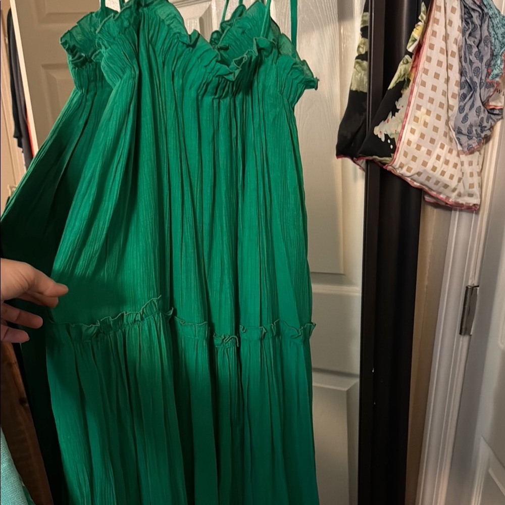 Boho Green Pleated Spaghetti Strap tiered maxi